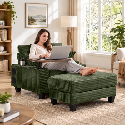 Fauteuil d'appoint en velours côtelé vert avec repose-pieds, haut-parleur Bluetooth intégré, ports USB, tablette pivotante dissimulée et porte-gobelet.