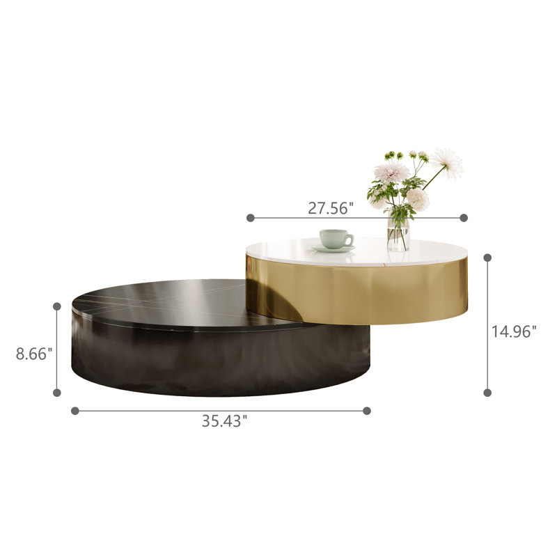 Modern Luxury Rotating Two-Tier Coffee Table - Metal Frame with Sintered Stone Tabletop, Round Multifunctional Rotating Design for Living Room