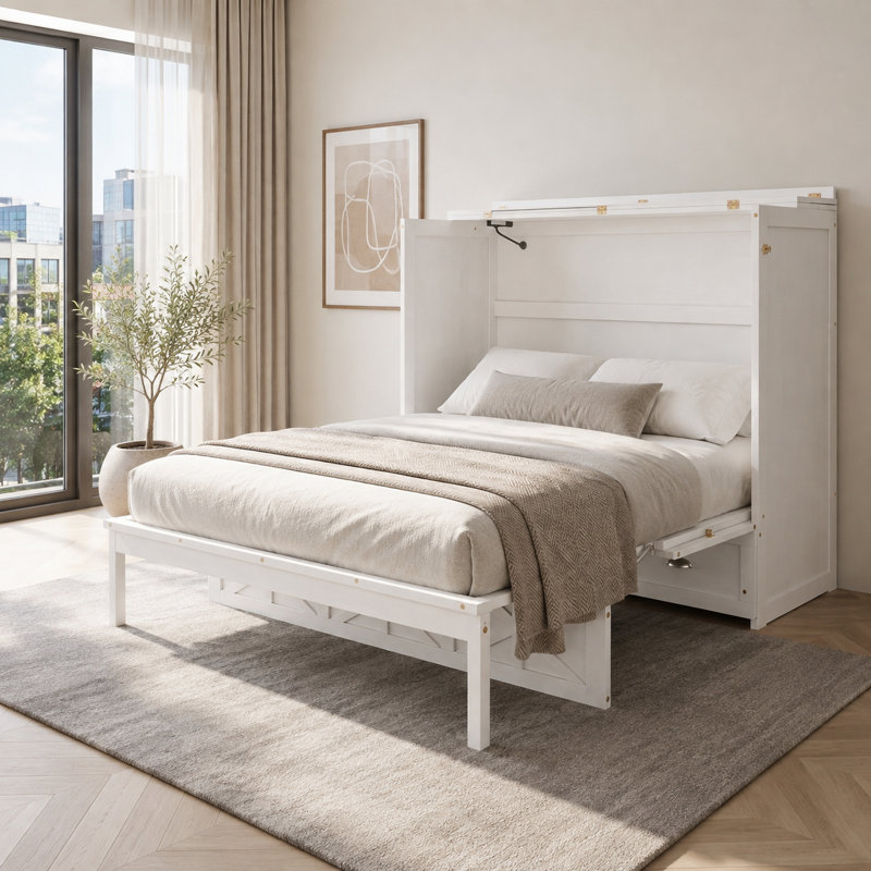 Lit escamotable double avec tiroirs de rangement et ports de chargement intégrés Carnahan, White