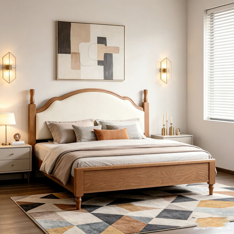 Lit plateforme très grand en bois avec tête de lit tapissier, Très grand lit, Beige/brun