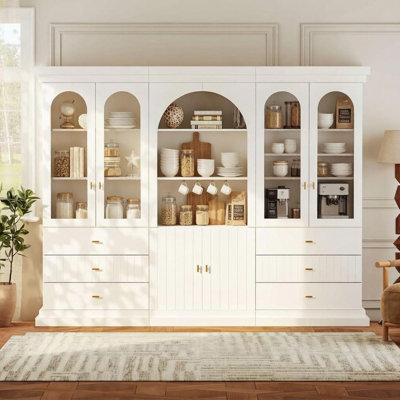 71"H x 98"W Arched Kitchen Pantry Cabinet,Modular Design with Gold Handles,Glass Door & Open Shelf For Living Room