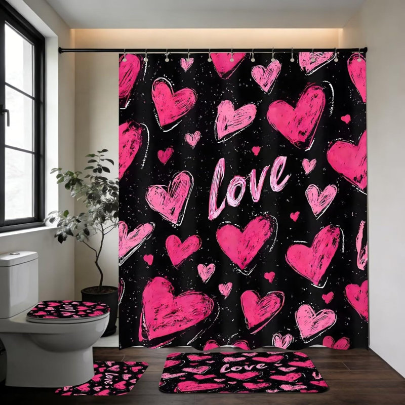 Ensemble de rideaux de douche 4 pièces Love, Pink Geometric
