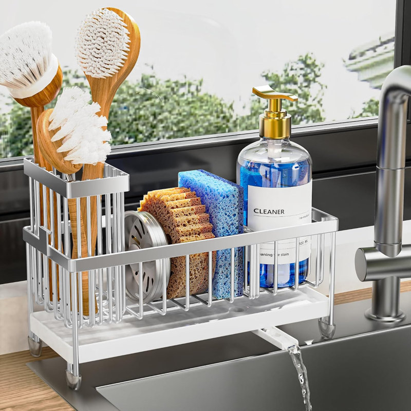 Sponge Holder, Sink Caddy Organizer with High Brush Holder, Rustproof 304 Stainless Steel (Silver, 9.25″)