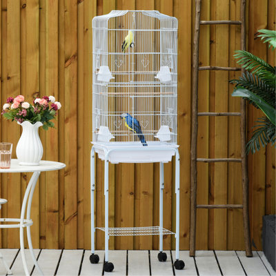 Ensemble de cage à oiseaux 60 po en métal avec support, blanc. Espace spacieux pour les perroquets. Portes faciles d'accès. Matériau. Nettoyage simple. Roues silencieuses portatives, roulantes, amovibles, petits oiseaux spacieux. Accès pratique.