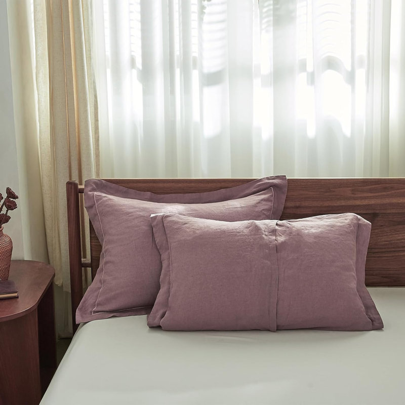 100% French Linen Pillowcase Set Of 2, Pure Flax Pillow Covers With Embroidered, Queen Pillowcase, Purple
