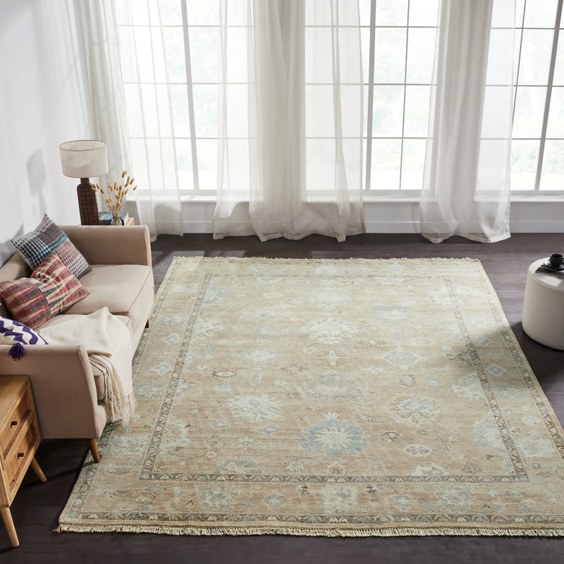 Hand Knotted Wool Oriental Area Rug in Tan, Square 8'