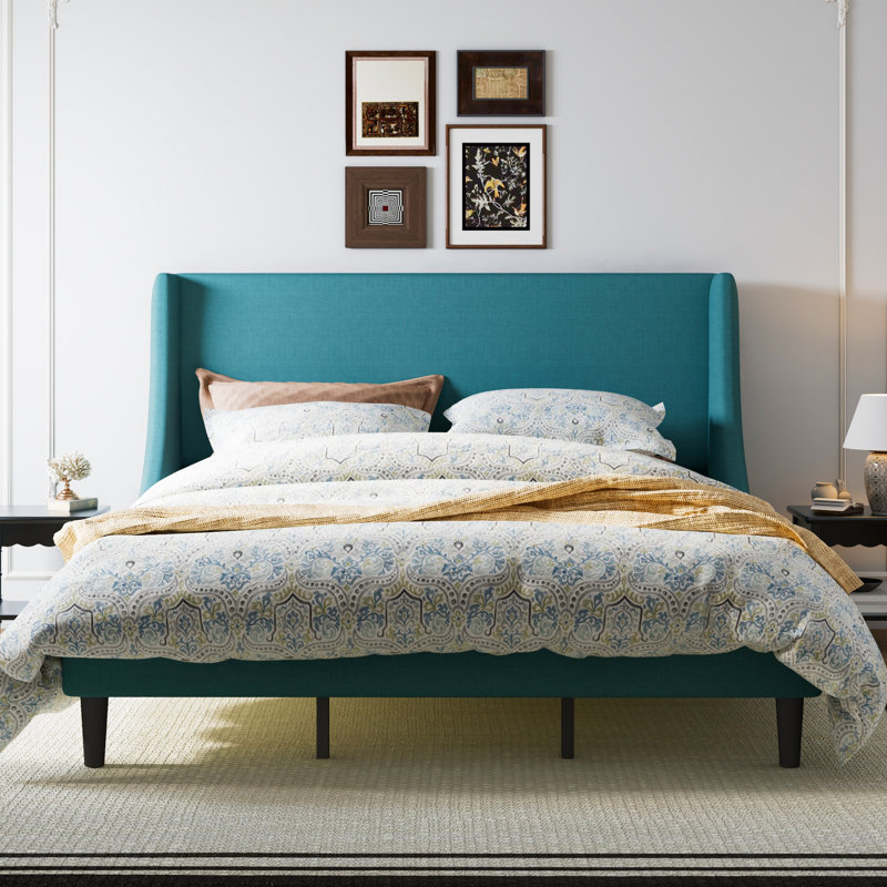 King Platform Bed Frame with Deluxe Wingback Frame / Upholstered with Headboard / Wood Slat Support / Box Spring / Peacock Green