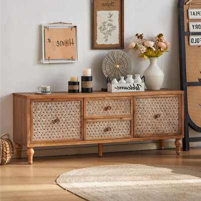 Meuble télé 60 po Mid-Century, console en rotin Boho avec rangement, centre multimédia pour le salon