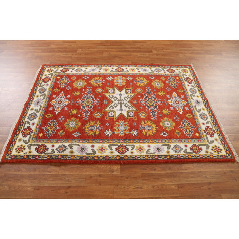 Tapis oriental géométrique Kazak noué à la main 4 x 6