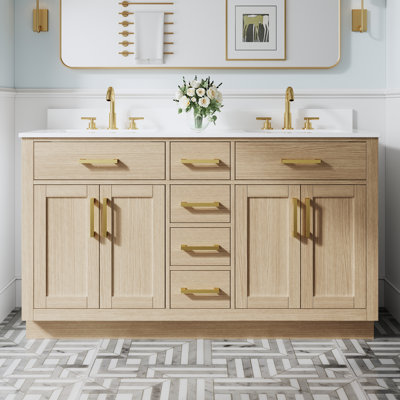 Meuble-lavabo autoportant en bois massif l 60 po x H 35 po avec comptoir en marbre de culture blanc et double lavabo en céramique, chêne
