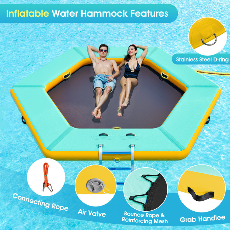 10 FT Hexagonal Floating Ring Inflatable Water Hammock with Soft Ladder, Heavy Duty Lake Raft for Pool and Lake, Inflatable Raft Fits Multiple People for Summer Party, Mint Green+Black