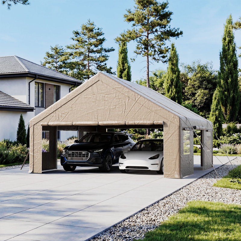 Heavy Duty Carport Portable Garage, 20 Ft. W x 20 Ft. D, Khaki