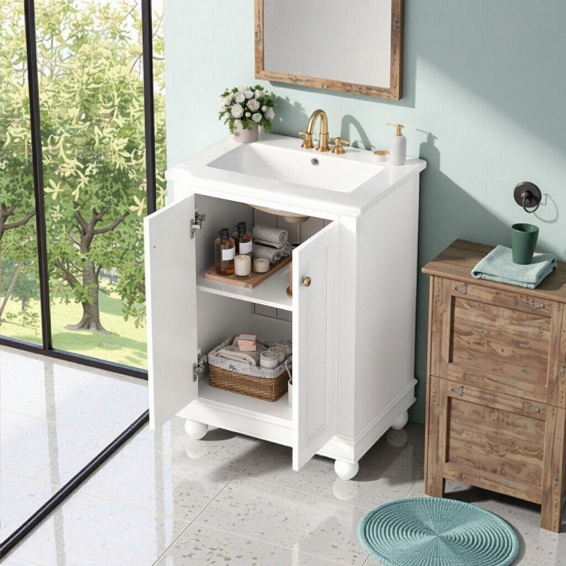 Meuble-lavabo simple 24 po avec lavabo en céramique, tablette ouverte, 2 tiroirs 24 po, White