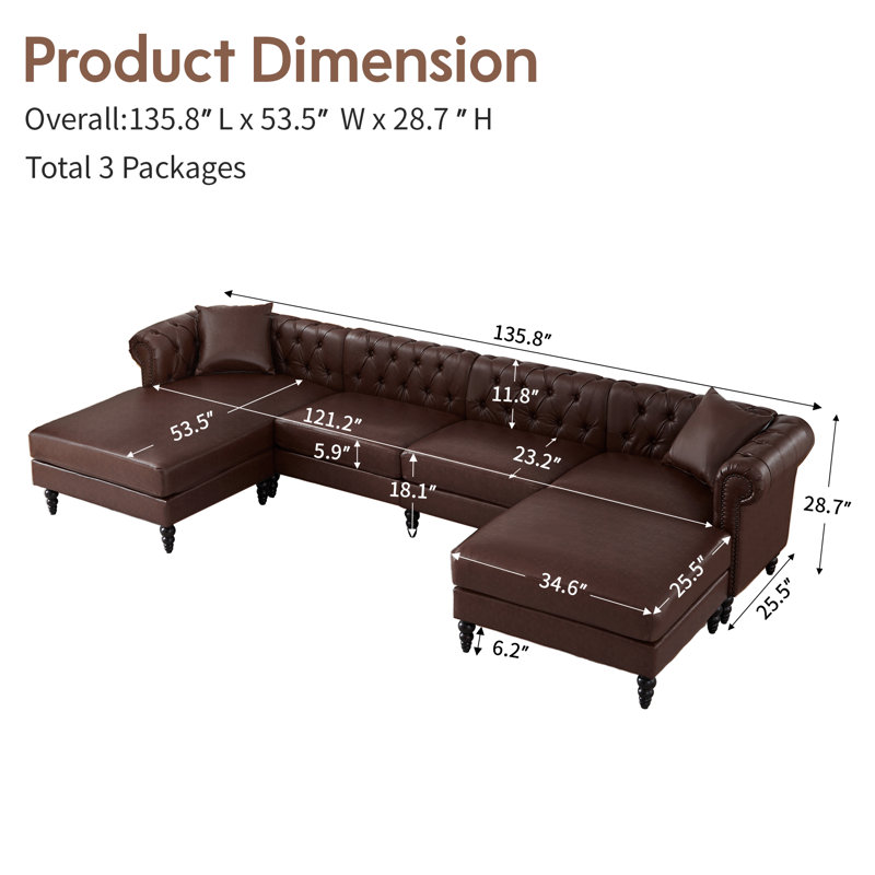 135.8" Wide Left Hand Facing Sofa & Chaise With Ottoman, Dark Brown Faux Leather