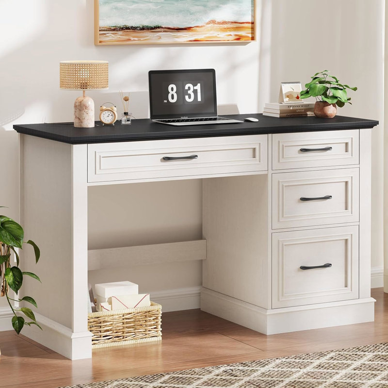 Bureau de direction de style ferme de 47 po avec tiroir à dossiers suspendus, White/Black