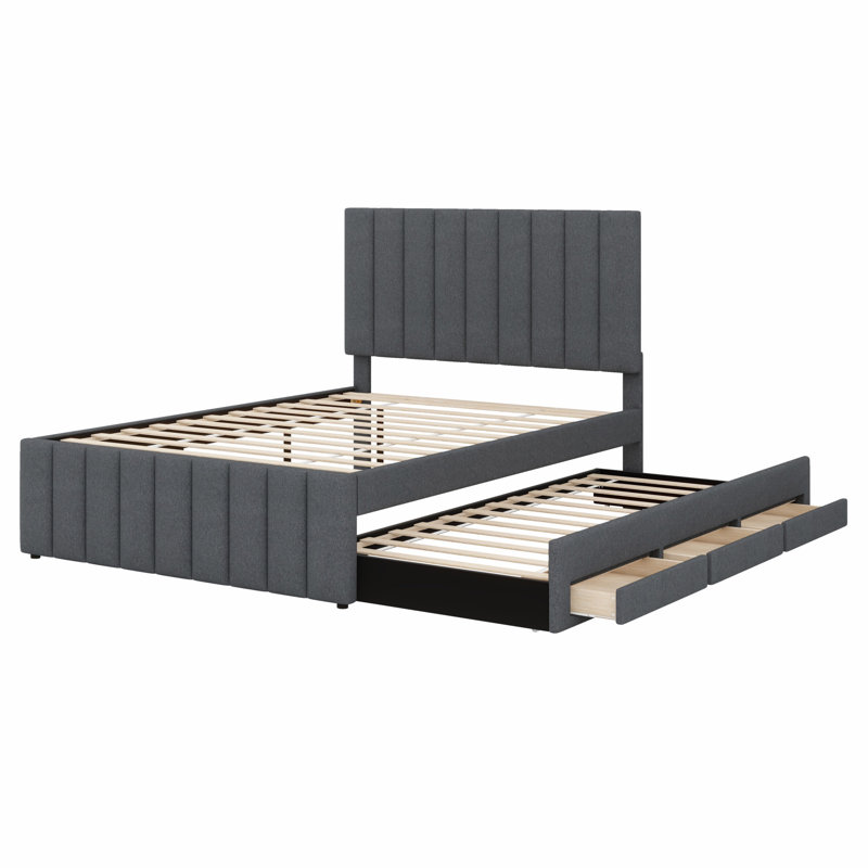 Lit plateforme tapissier Comfort, lit gigogne avec rangement à 3 tiroirs, Gris