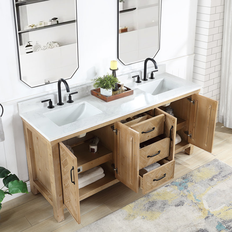 Ensemble de meuble-lavabo double autoportant 72 po avec miroir Javier, Brun antique