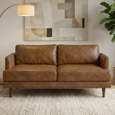 Livingston Top Grain Genuine Leather Mid-Century Modern Sofa With Solid Wood Frame For Living Room
