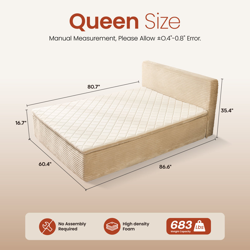 Upholstered Platform Bed, No Assembly Required Compression bed With Innerspring Mattress, Queen, Beige