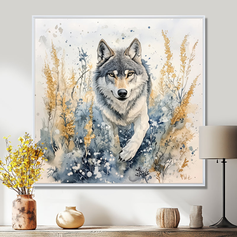 Loup qui court dans la prairie II - Décoration murale loup, Impression dans un cadre flottant sans passe-parto, Blanc