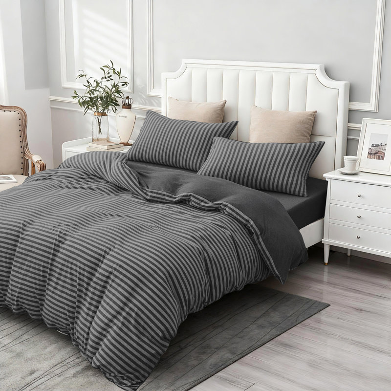Ensemble en jersey de coton, Gris anthracite, rayé, Housse de couette pour grand lit et 2 taies décor