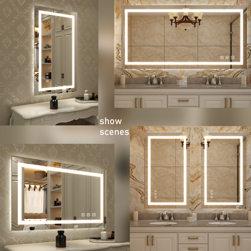 Miroir de salle de bain à DEL 72 x 36, miroirs de salle de bain à intensité variable pour le mur, antibuée, 3 couleurs réglables, mémoire, lumières à DEL doubles (avant et rétroéclairé) Matériau trempé durable
