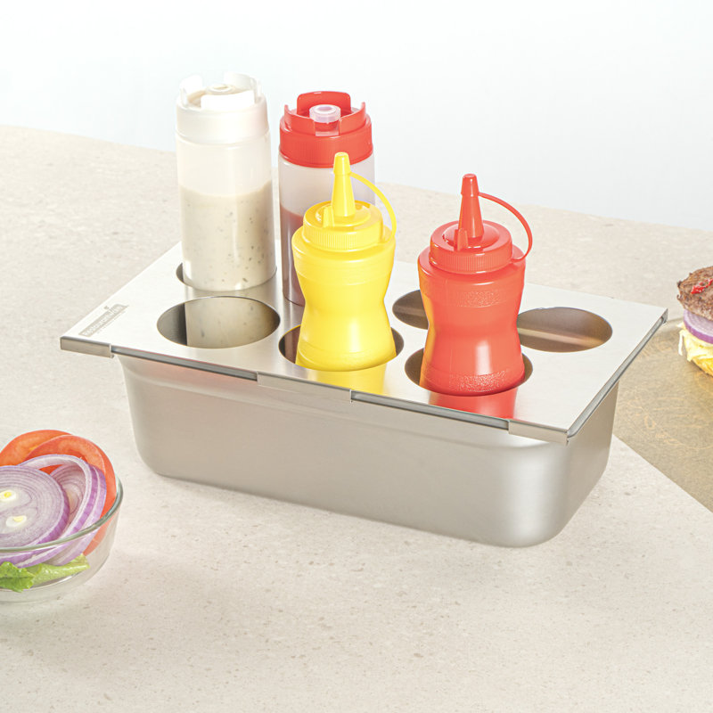  Porte-bouteilles Squeeze - 1 comptoir 12,79 po x 7,09 po x 0,39 po - Organisateur de condiments en acier inoxydable - Support à sept trous - Va au lave-vaisselle - Argent