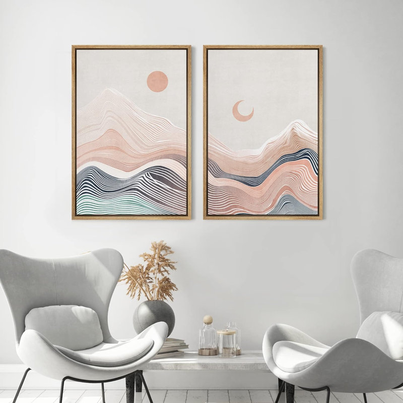 "Mountain Range Moon Sun", nature abstraite, encadrée sur toile, 2 pièces, H 24 po x l 32 po x P 1,5 po, Naturel