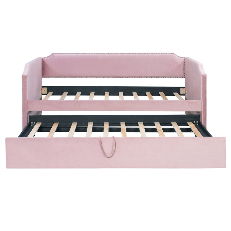 Multifunctional Velvet Upholstered Twin Beds With Trundle, Modern Pink Design