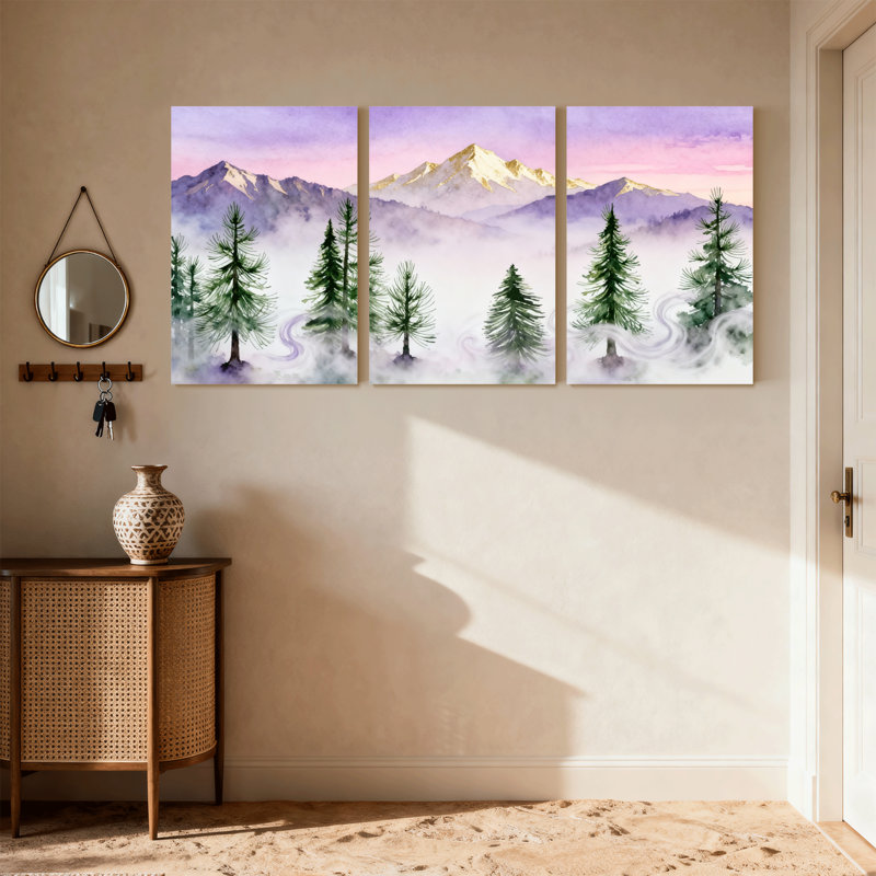 Landscape & Nature Mountain Landscape With Trees And Mist Set of 3 Canvas Wall Art Prints, 18" H x 36" W