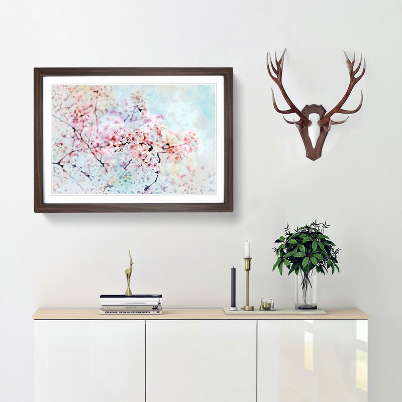 Japanese Cherry Tree in Pink in Abstract - Framed Print, 48cm H x 65cm W x 2cm D, Walnut Framed