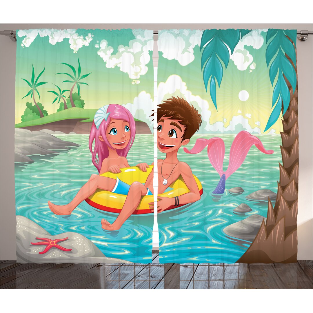 Rustikaler Vorhang, Cartoon Tropical Liebe, Kids, Mehrfarbig