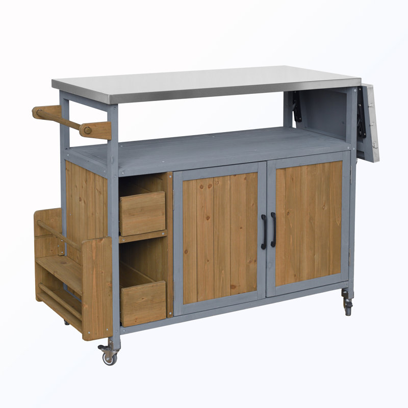 Îlot de cuisine extérieur en acier inoxydable avec support à épices et porte-serviettes, Gris / Brun