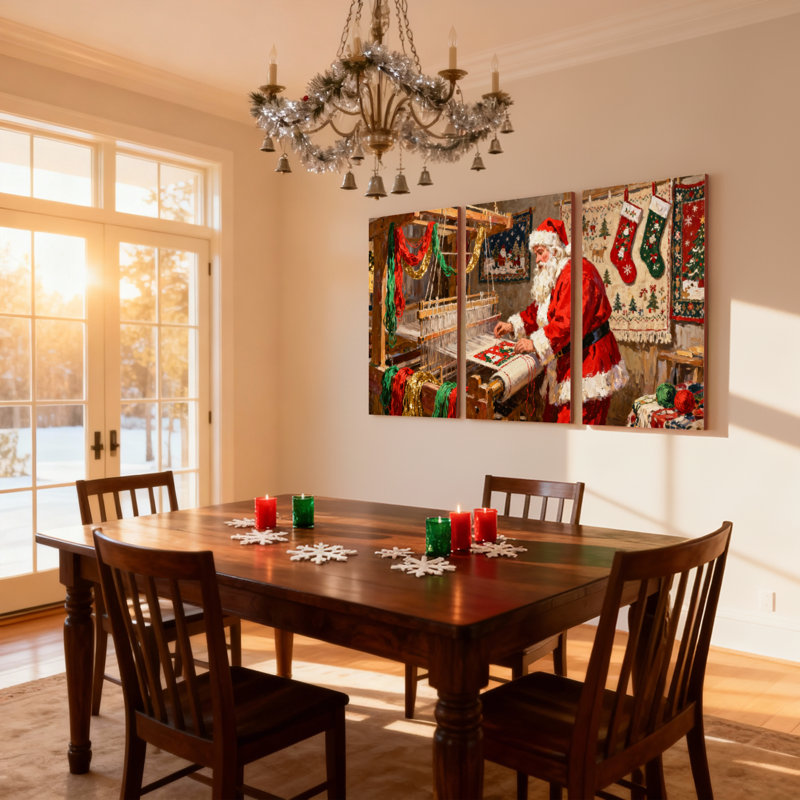 Ensemble de 3 impressions sur toile de Noël, père Noël, tissage de bas de Noël en atelier, H 18 po x l 36 po