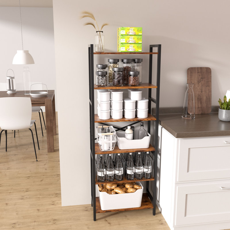 6-Tier Industrial Bookcase, Wood And Metal Horizontal Bookshelves For Home Living Room Bedroom And Kitchen, Rustic Brown