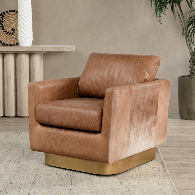 Lathe Leather Accent Chair, Chestnut Top Grain Leather/Gold