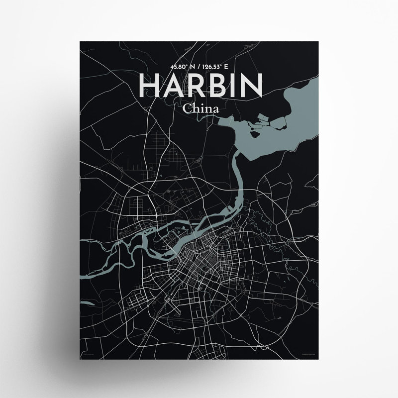 «Harbin City Map», impression, Gris / noir, H 24 po x l 18 po