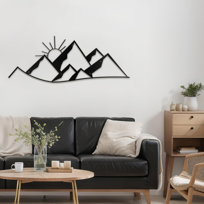 Décoration murale abstraite décorative en métal Sunrise over Mountain Decor, H 14,04 po x l 36 po x P 0,05 po, Noir