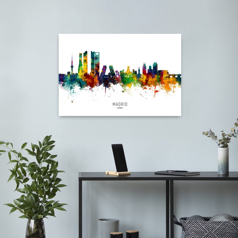 «Vibrant Madrid Skyline», art contemporain urbain, H 16 po x l 24 po