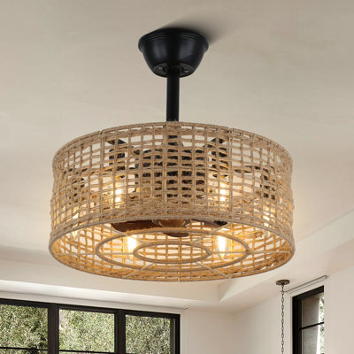 Ameris 18" Rattan Hemp Boho Caged Ceiling Fan with Lights, 3 Speeds Silent AC Motor Ceiling Fan