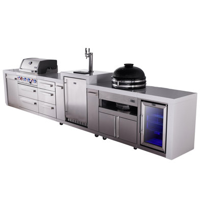 Mont Alpi Premium 4-burner 188" Deluxe Stainless Steel Island Modular Outdoor Kitchen Island Bbq Gas Grill + Infrared Side Burner + Refrigerator + Kegerator + Kamado Cart + Storage Drawers & Cabinets