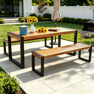 Table de salle à manger 3 pièces avec 2 bancs, plateau en bois d'acacia et structure en acier, pour l'extérieur, l'intérieur et la nature