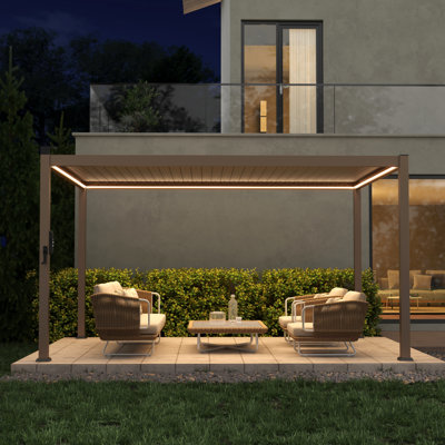 Waterproof Outdoor Pergola with LED Strip Lights, Rust-Proof Metal Pergola with Adjustable Roof for All-Weather Shade