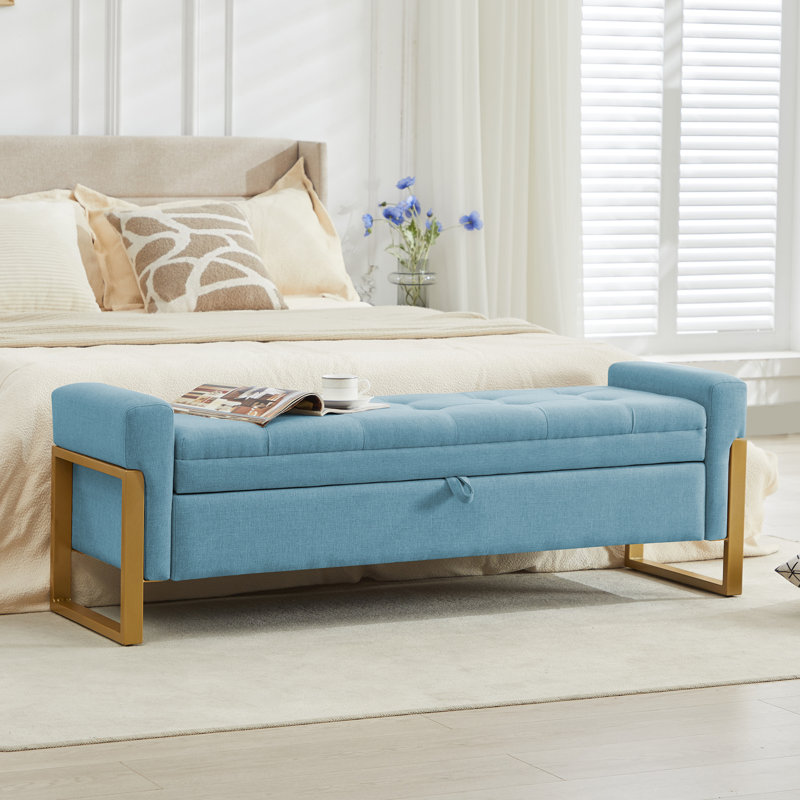 57'' Wide Tufted Rectangle Storage Ottoman, Blue Linen