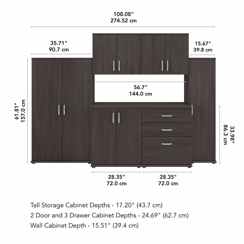 Bush Business Furniture Universal 6 Piece Modular Closet Storage Set with Floor and Wall Cabinets, Storm Gray