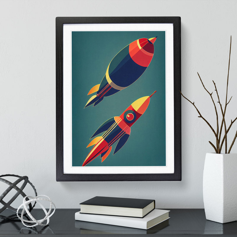 Retro Spaceship Rockets - Framed Print, Black Framed, 64cm H x 46cm W x 2cm D