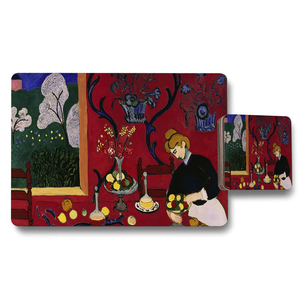 Placemat and Coaster Set Featuring Red Table Scene Artwork