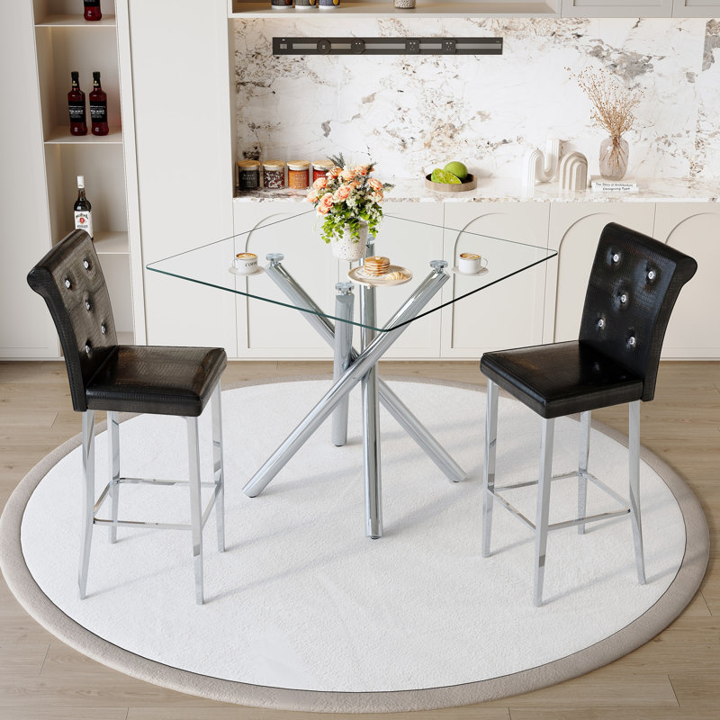 Table de pub ronde en verre trempé avec 2 tabourets de bar à hauteur fixe, comptoir fixe et repose-pieds intégré, ensemble de bar moderne en cuir noir chromé pour cuisine