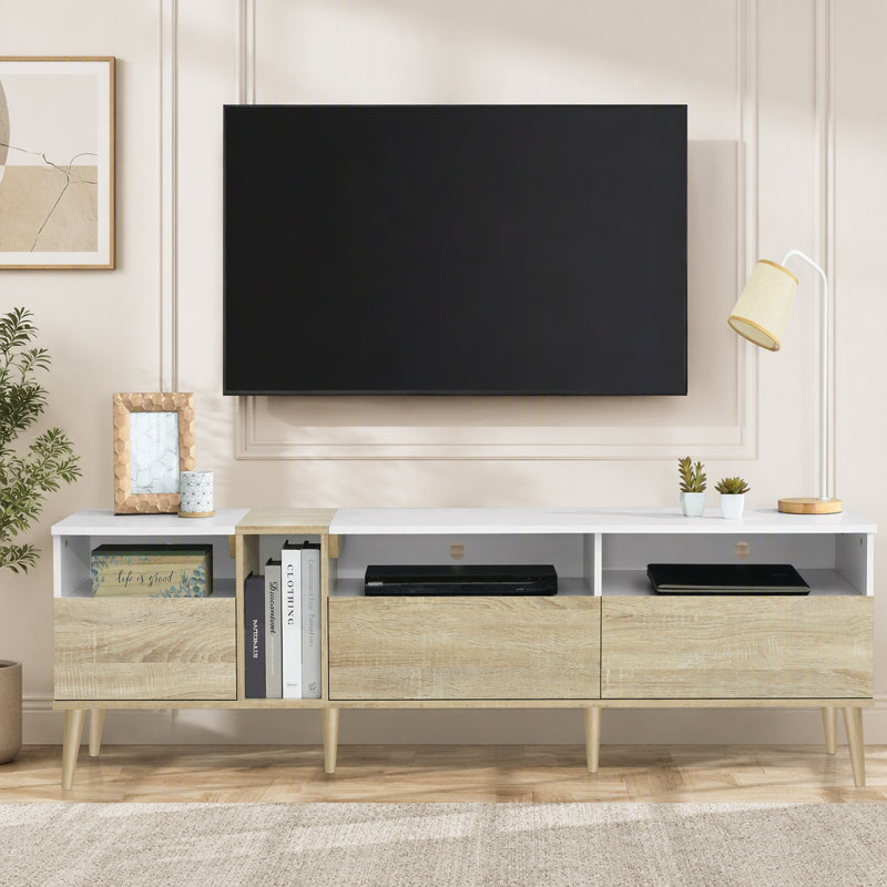 Meuble télé moderne avec 3 tiroirs et tablettes ouvertes, centre de divertissement pour téléviseurs de 80 po ou moins, conception de couleur assortie