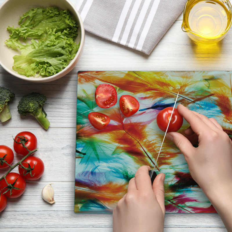 Ambesonne Colourful Cutting Board Large Size Puffy Dreamy Feathers Multicolor